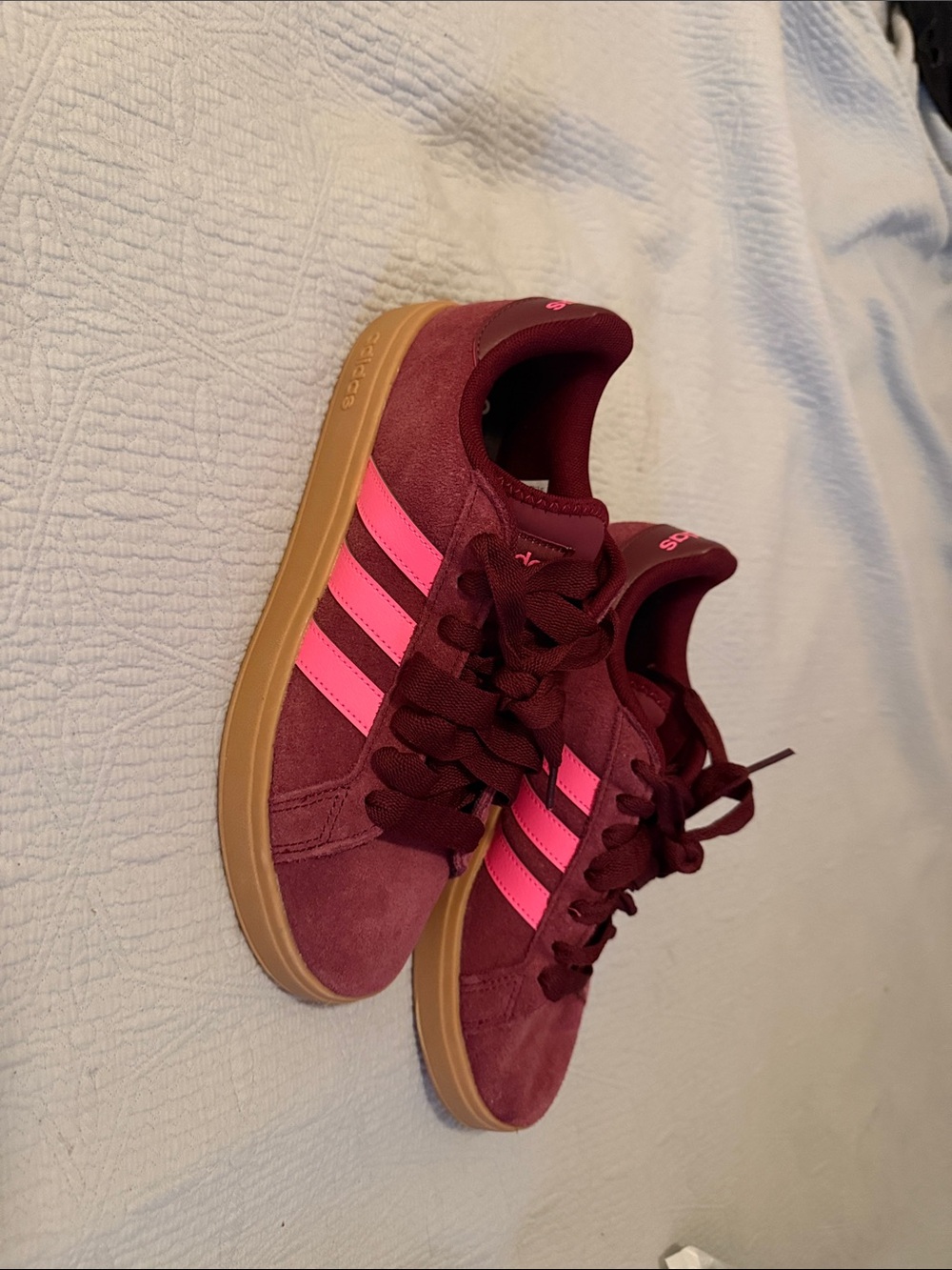 adidas woman’s  Burgundy Suede Sneakers with Pink Stripes
Size 8.5